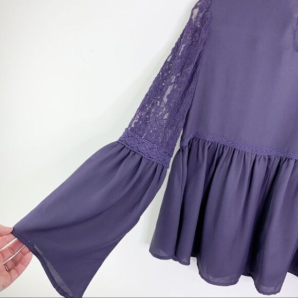 Sun & Shadow Purple Lace Inset Peplum Top Bell Sleeves M - Picture 3 of 15